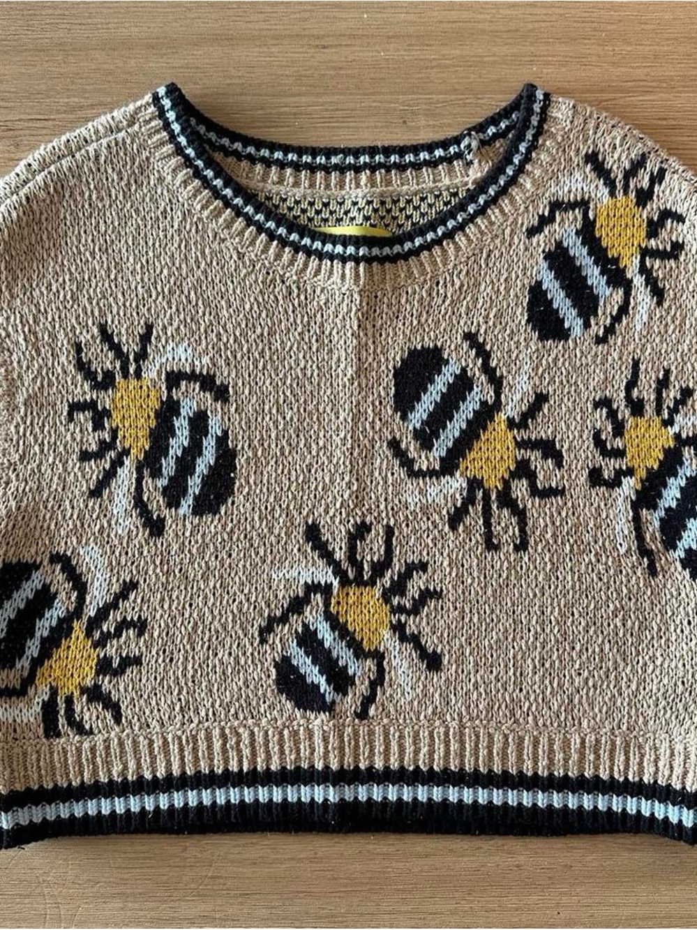 Maeve Beige Bee-Print Crewneck Sweater with Black & Yellow Accents